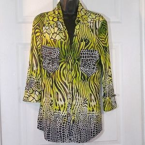 Mesmerized Women's Lime Green and Brown Safari Print Blouse Sz M.